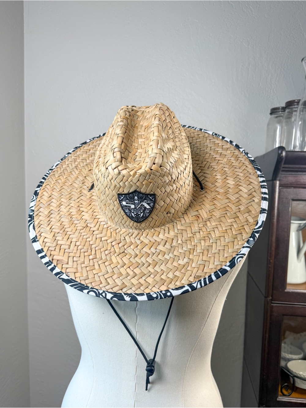 SA Company Straw Lifeguard Sun Hat Black White Tribal Print One Size Beach Hat